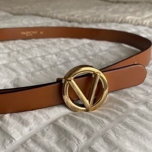 Valentino Tan Leather Belt with Gold V Buckle